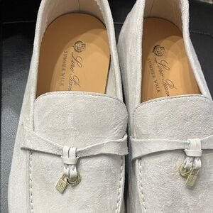 Loro Piana White Suede Loafers with Gold Charm